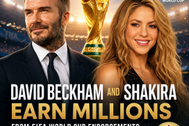 David Beckham and Shakira smiling together at a promotional event for the FIFA World Cup.