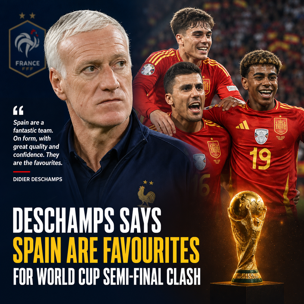 Didier Deschamps speaking at a press conference, discussing Spain as favorites for the World Cup semi-final.