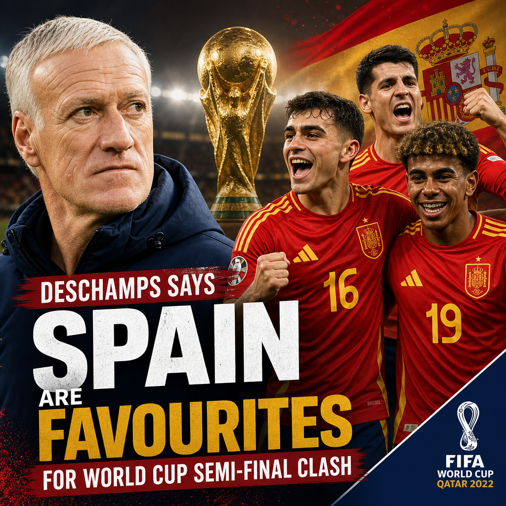 Portrait of Didier Deschamps speaking at a press conference about Spain as World Cup semi-final favorites.