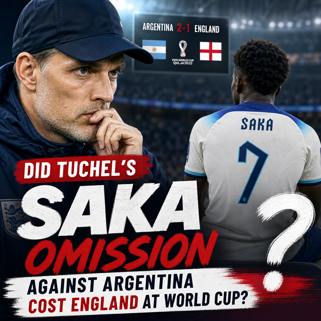 Graphic showing Bukayo Saka omitted from England's lineup in a 2-1 World Cup loss to Argentina.