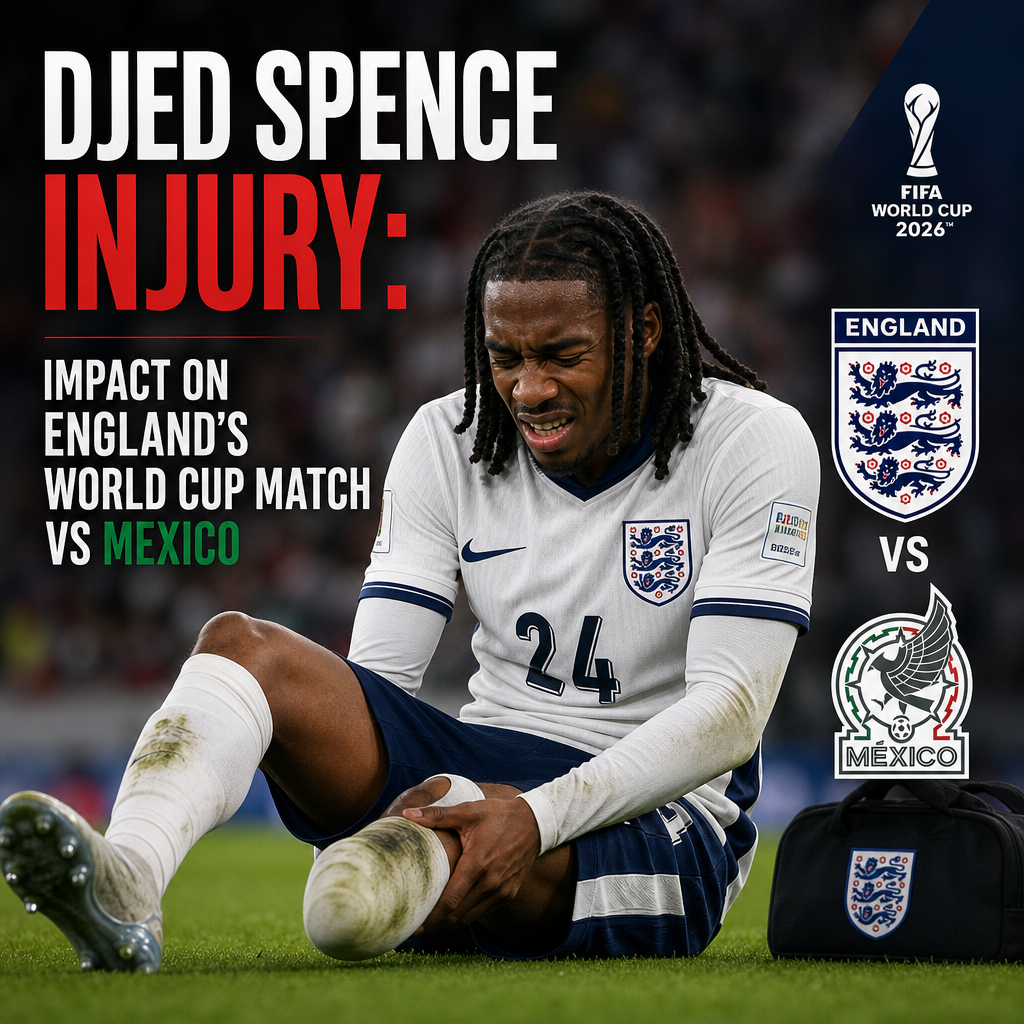 Djed Spence celebrating with teammates after a goal in England's FIFA World Cup 2026 match against Mexico.