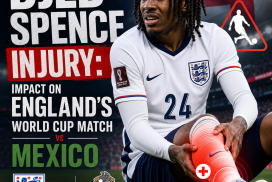Djed Spence grimaces in pain during England's World Cup match against Mexico, clutching his injured leg on the field.