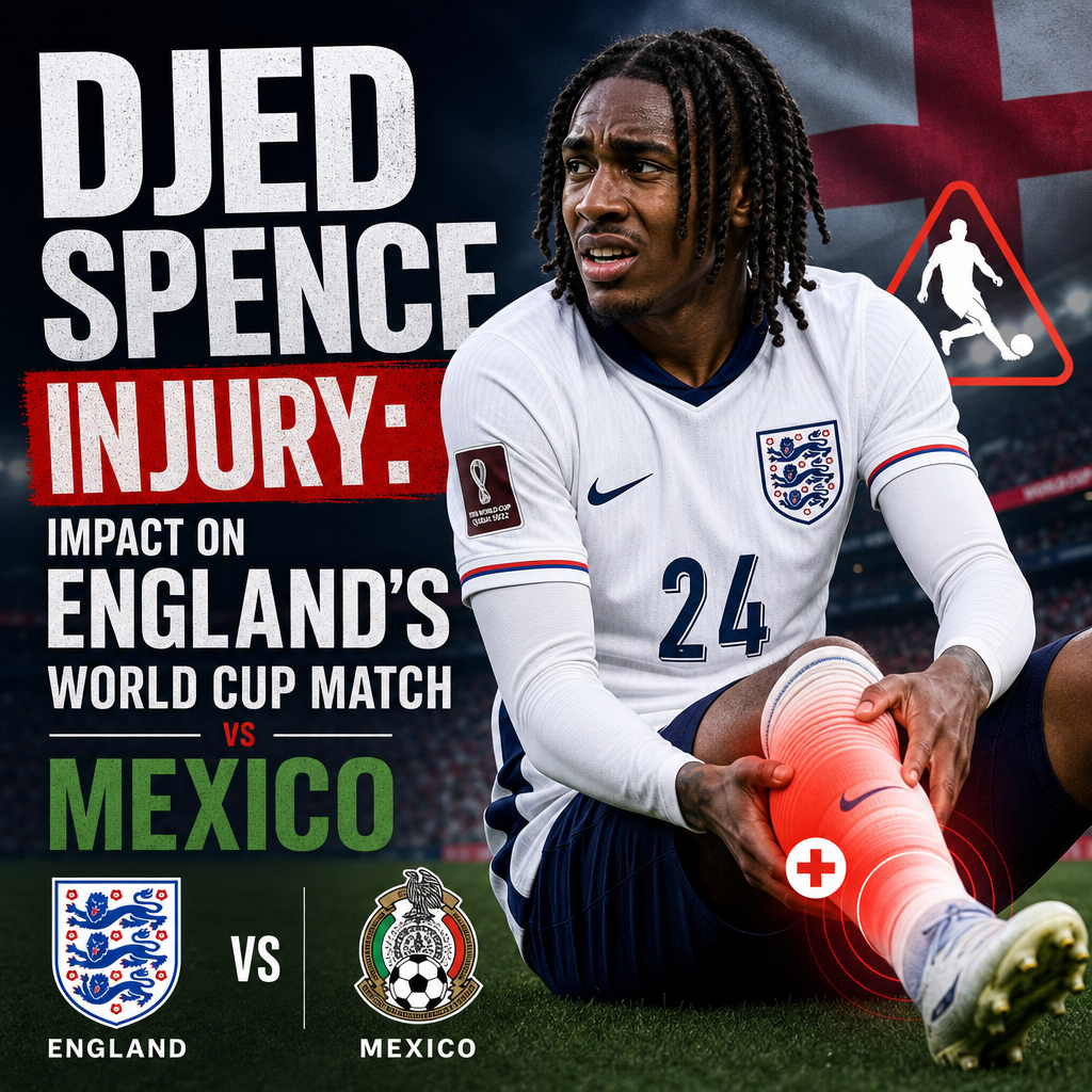 Djed Spence grimaces in pain during England's World Cup match against Mexico, clutching his injured leg on the field.