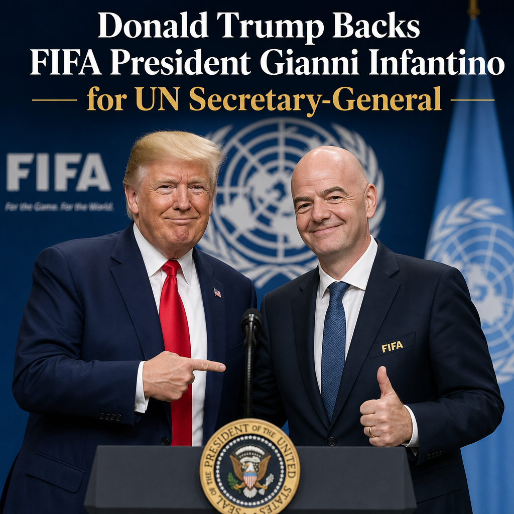 Donald Trump smiling and gesturing with both thumbs up at an event with FIFA President Gianni Infantino.