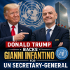 Donald Trump stands at a podium with the United Nations logo, endorsing Gianni Infantino for UN Secretary-General.
