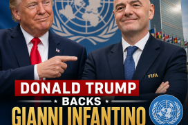 Donald Trump stands at a podium with the United Nations logo, endorsing Gianni Infantino for UN Secretary-General.