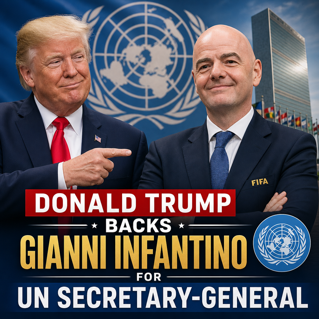 Donald Trump stands at a podium with the United Nations logo, endorsing Gianni Infantino for UN Secretary-General.