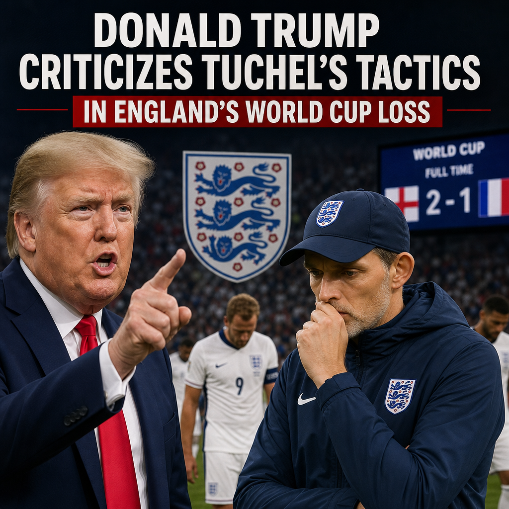 Donald Trump speaking at a podium with a serious expression, discussing football tactics.