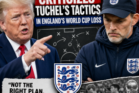 Donald Trump speaking at a podium with a serious expression, criticizing football coach Thomas Tuchel's tactics.