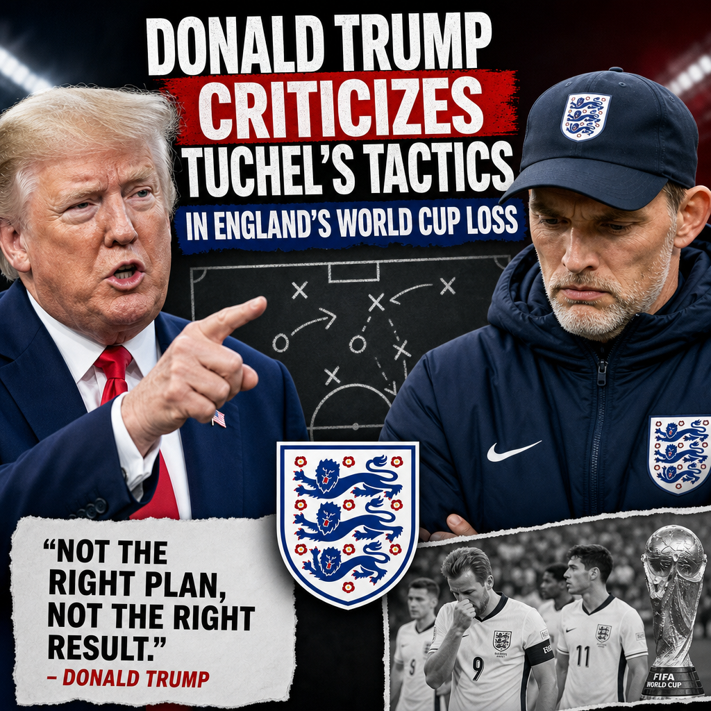 Donald Trump speaking at a podium with a serious expression, criticizing football coach Thomas Tuchel's tactics.