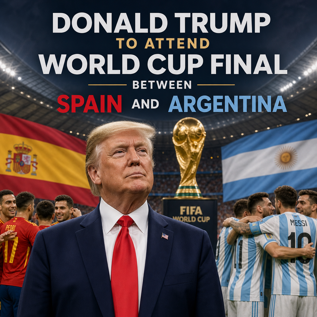 Donald Trump standing with World Cup trophy and Spain and Argentina flags in the background.
