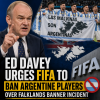Ed Davey speaks passionately at a podium, urging FIFA to ban Argentine players over the Falklands banner issue.