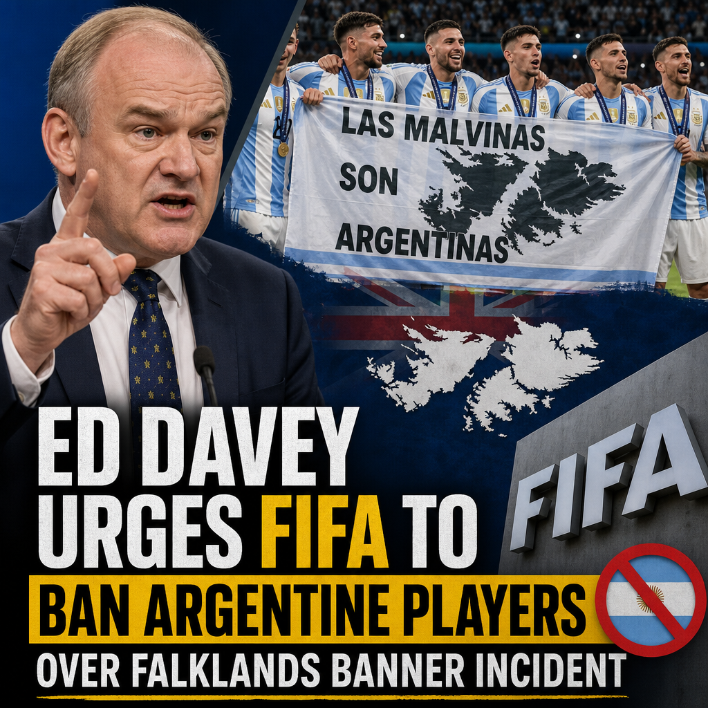 Ed Davey speaks passionately at a podium, urging FIFA to ban Argentine players over the Falklands banner issue.