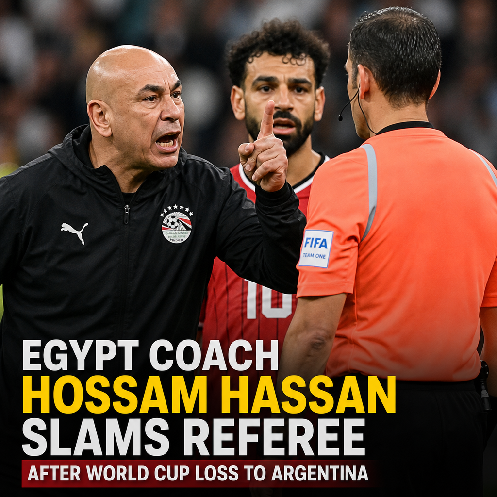 Egypt coach Hossam Hassan angrily confronts referee on the sideline after World Cup loss to Argentina.