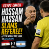 Egypt coach Hossam Hassan angrily confronts referee after Egypt's 1-2 FIFA World Cup loss to Argentina.