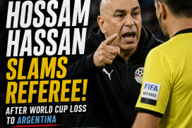 Egypt coach Hossam Hassan angrily confronts referee after Egypt's 1-2 FIFA World Cup loss to Argentina.