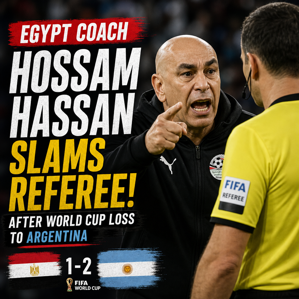 Egypt coach Hossam Hassan angrily confronts referee after Egypt's 1-2 FIFA World Cup loss to Argentina.