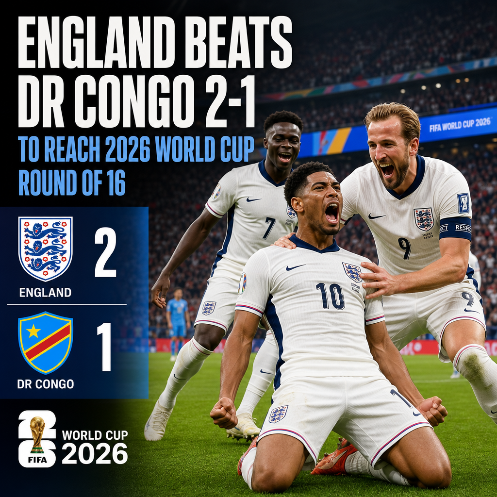 England soccer players celebrate their 2-1 win over DR Congo to reach the 2026 World Cup Round of 16.