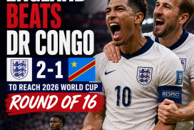 England players celebrating a goal after defeating DR Congo 2-1 in the 2026 World Cup match.
