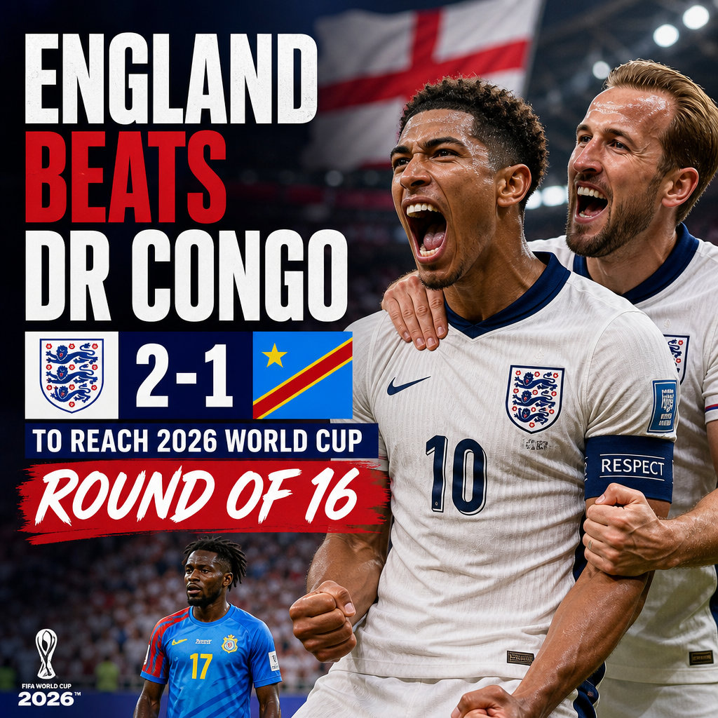 England players celebrating a goal after defeating DR Congo 2-1 in the 2026 World Cup match.