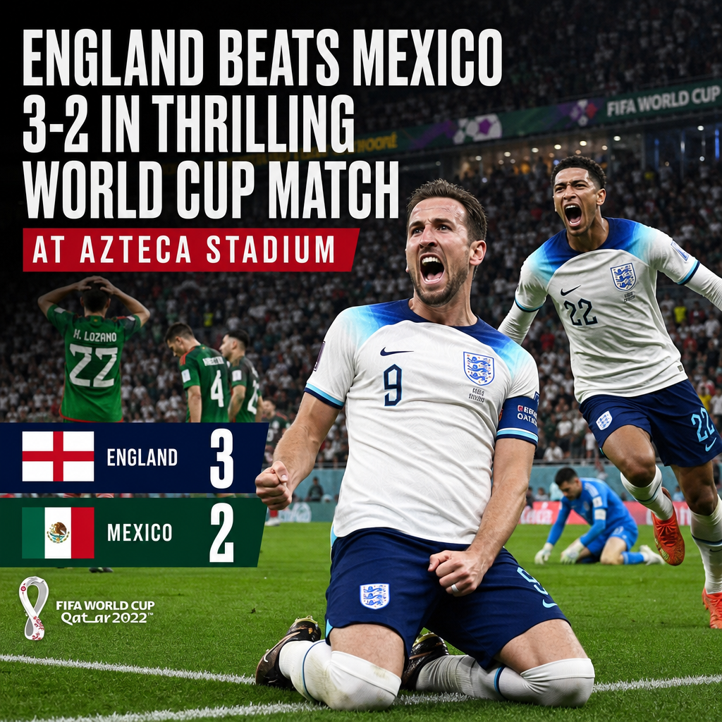 Soccer players celebrating as England wins 3-2 against Mexico in a thrilling World Cup match at Azteca Stadium.