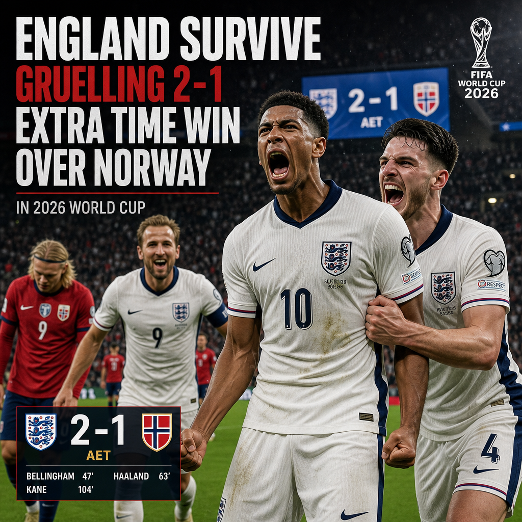 England players celebrate their 2-1 extra-time win over Norway in the 2026 World Cup qualifier.