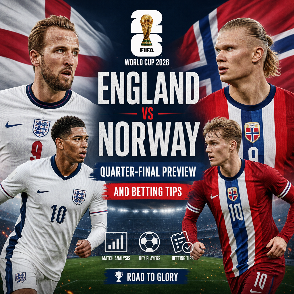 England and Norway football players in action preparing for their 2026 World Cup quarter-final match.