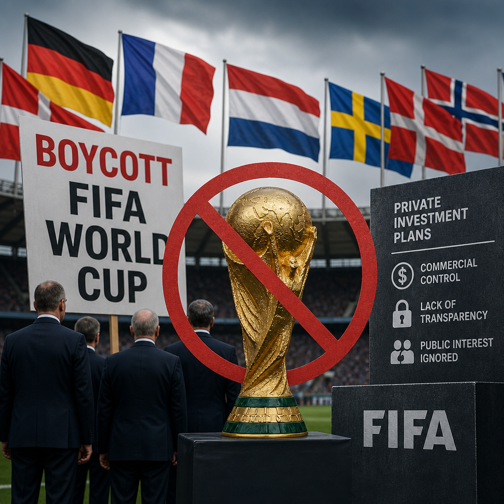 Protesters hold signs boycotting FIFA World Cup, showing crossed-out trophy and flags of different countries.