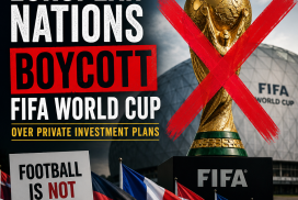 Protesters hold signs and a crossed-out FIFA World Cup trophy symbolizing European nations' boycott over private investments.