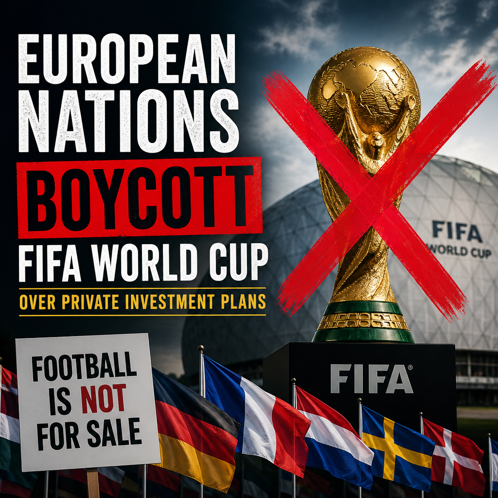 Protesters hold signs and a crossed-out FIFA World Cup trophy symbolizing European nations' boycott over private investments.