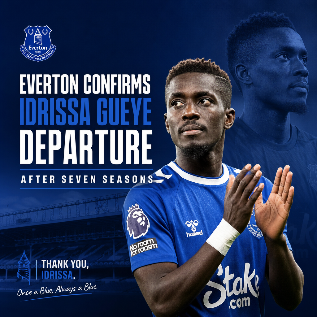 Everton Football Club confirms Idrissa Gueye's departure after seven seasons, showing Gueye in club jersey.