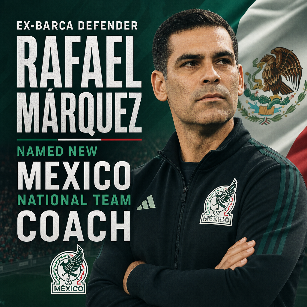 Rafael Márquez, former Barcelona defender, stands confidently in a suit with a Mexico national team logo background.