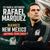 Rafael Marquez in a suit speaking at a press conference as new New Mexico national team coach.