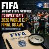 FIFA ethics prosecutor reviewing footage of the 2026 World Cup final brawl during a meeting.
