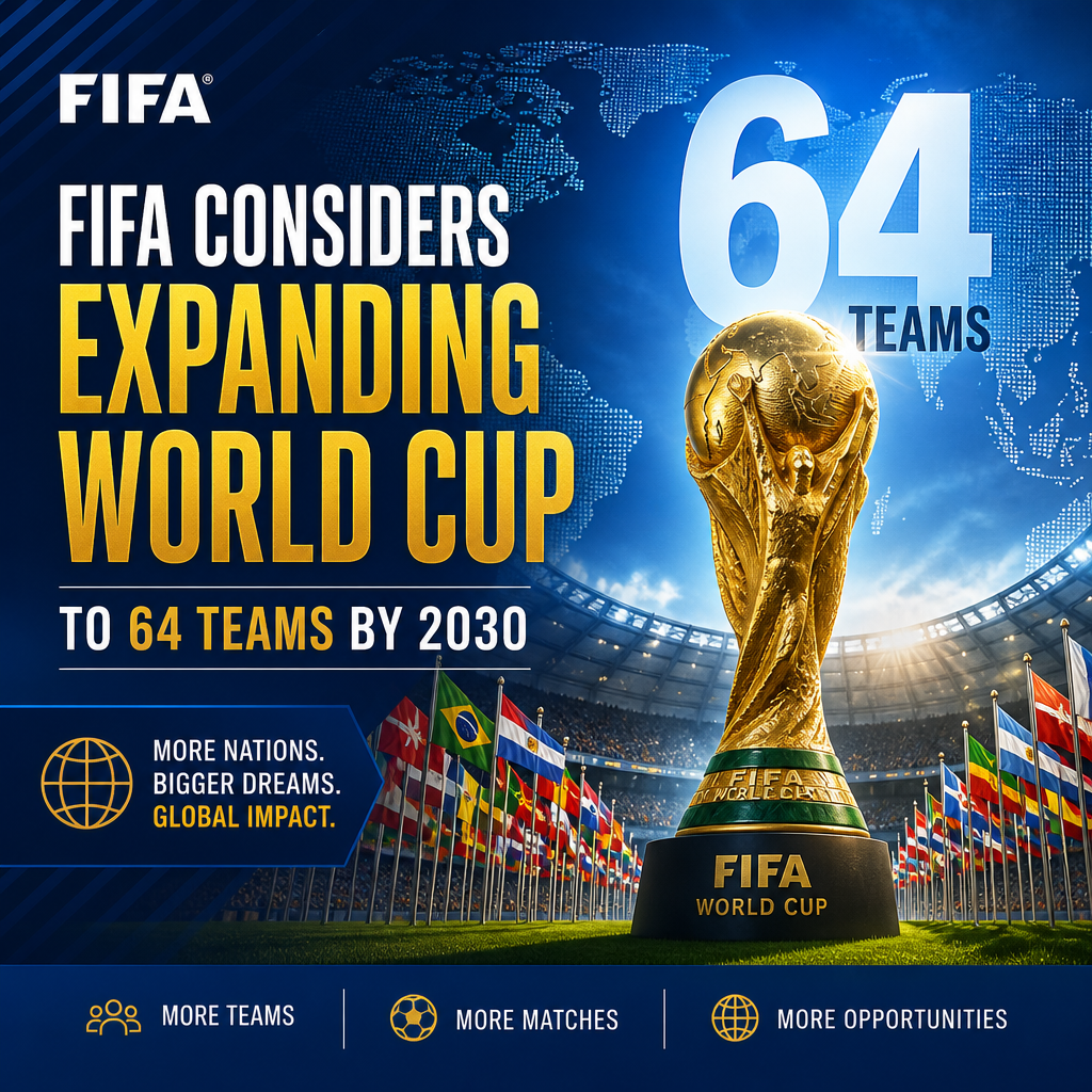 Infographic showing FIFA's proposal to expand the World Cup to 64 teams by 2030 for more matches.