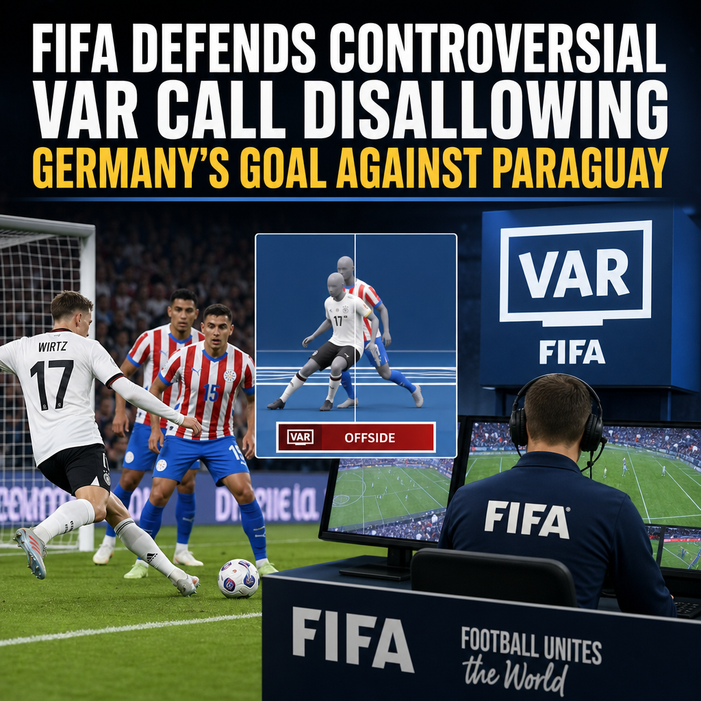 Soccer referee signals offside as FIFA defends controversial VAR decision disallowing Germany’s goal vs Paraguay.