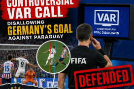 VAR review showing a disallowed goal for Germany in a football match against Paraguay.