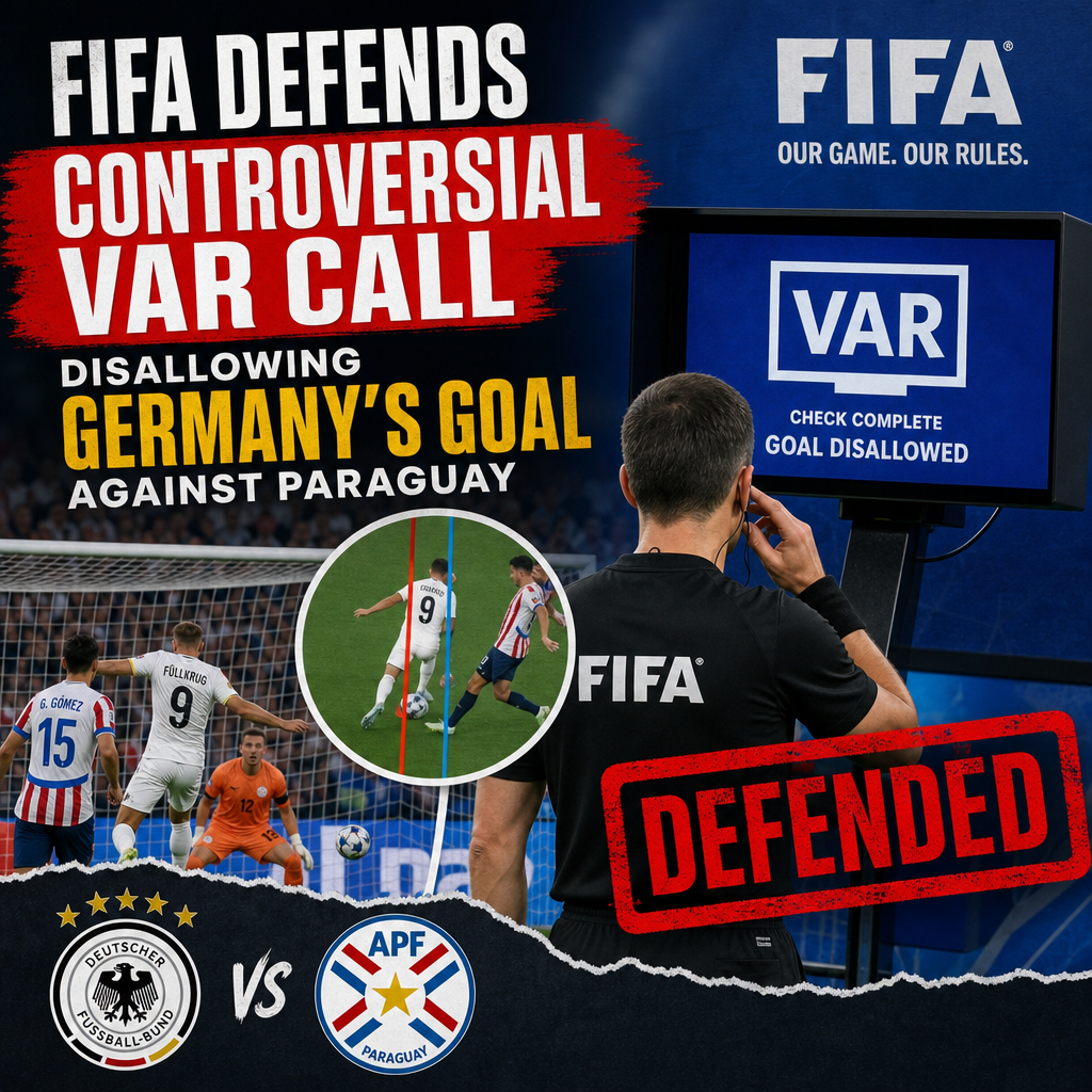 VAR review showing a disallowed goal for Germany in a football match against Paraguay.