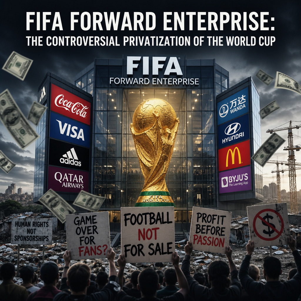 Protesters hold signs opposing FIFA World Cup privatization and corporate sponsorship, highlighting financial concerns.
