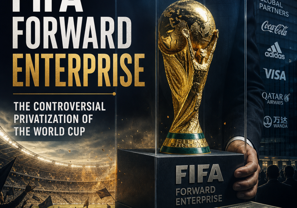 Businesspeople shaking hands over a globe with FIFA Forward Enterprise text, symbolizing World Cup privatization deals.