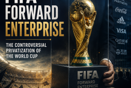 Businesspeople shaking hands over a globe with FIFA Forward Enterprise text, symbolizing World Cup privatization deals.