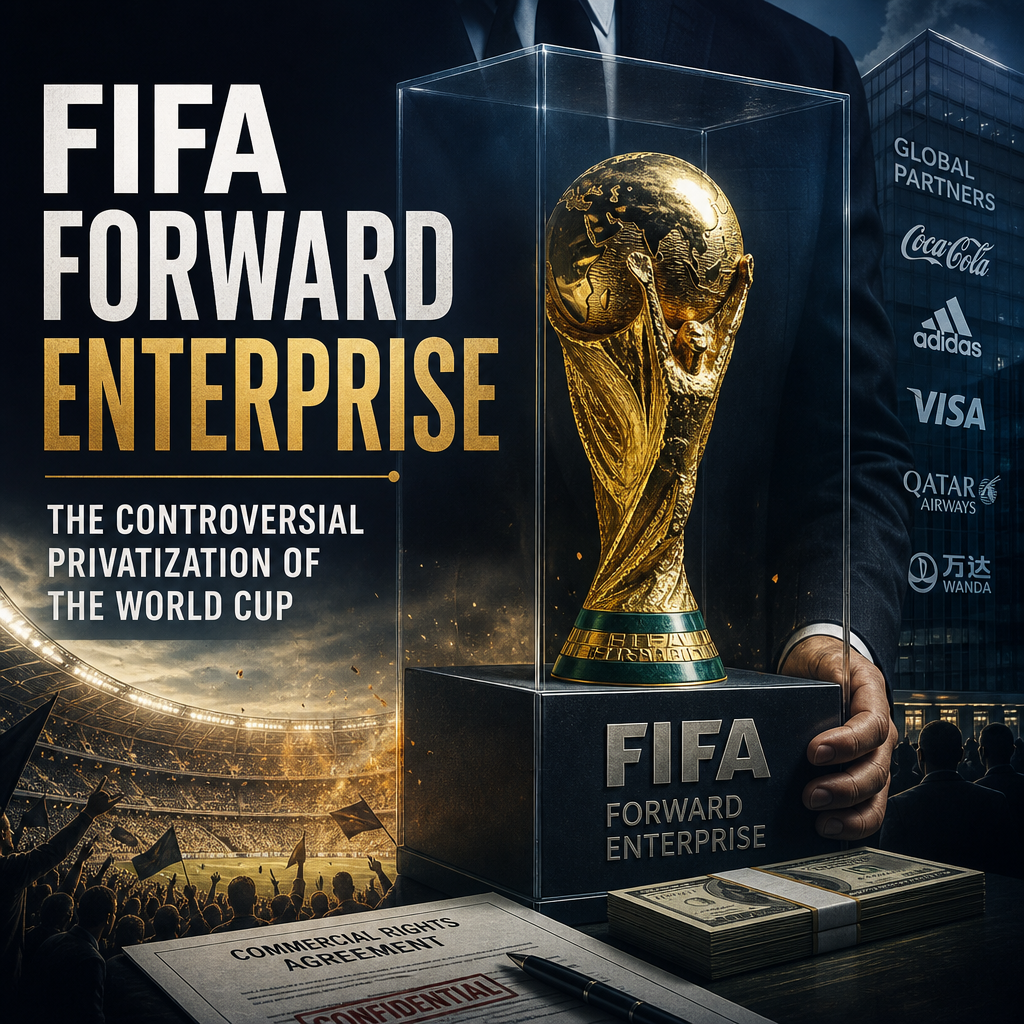 Businesspeople shaking hands over a globe with FIFA Forward Enterprise text, symbolizing World Cup privatization deals.