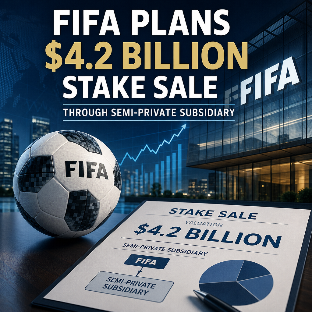 FIFA logo with text announcing a $4.2 billion stake sale through a semi-private subsidiary.