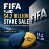 FIFA logo over a digital background with financial charts representing a $4.2 billion stake sale announcement.