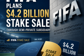 FIFA logo over a digital background with financial charts representing a $4.2 billion stake sale announcement.