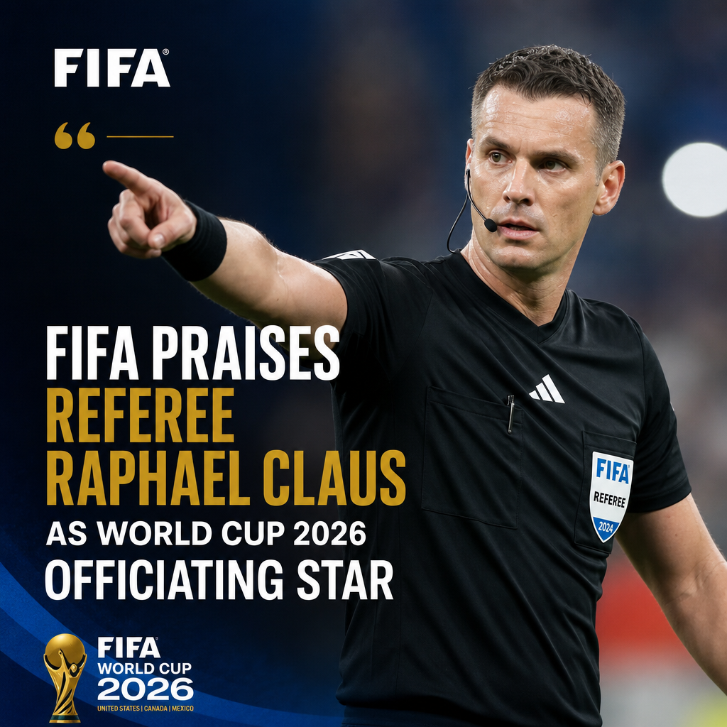 FIFA official Raphael Claus in referee uniform holding a World Cup flag on the field.