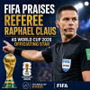 Portrait of referee Raphael Claus with FIFA logo, praised as a key official for the 2026 World Cup.