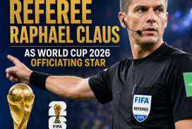 Portrait of referee Raphael Claus with FIFA logo, praised as a key official for the 2026 World Cup.