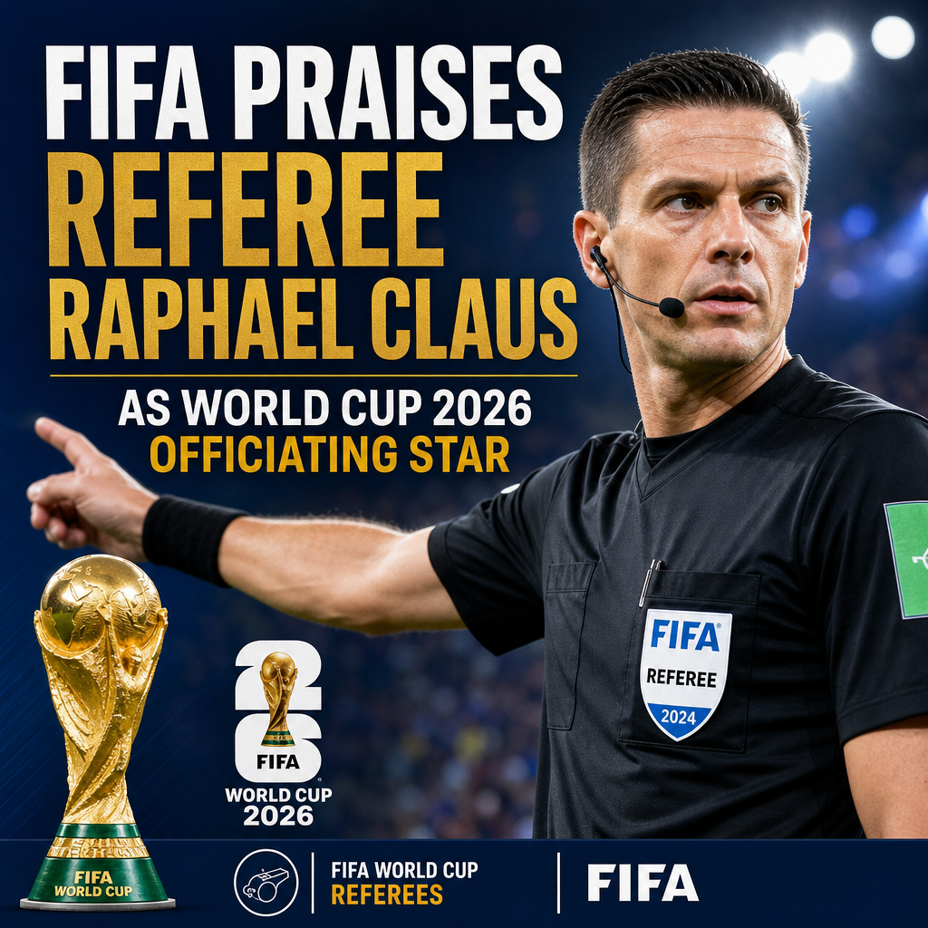 Portrait of referee Raphael Claus with FIFA logo, praised as a key official for the 2026 World Cup.