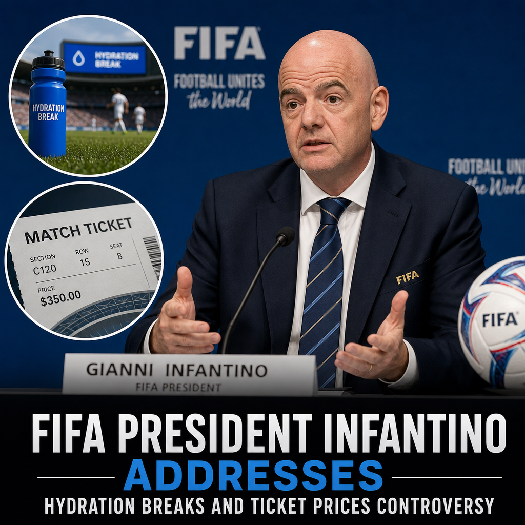 FIFA President Gianni Infantino speaking at a press conference about hydration breaks and ticket prices.